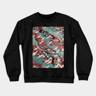 FLYING WHITE CRANES ON BLUE WATERS AND SPRING FLOWERS Antique Red Teal Green Japanese Floral Crewneck Sweatshirt